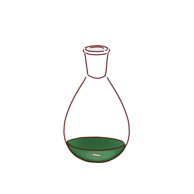 緑の反応液のナスフラスコ