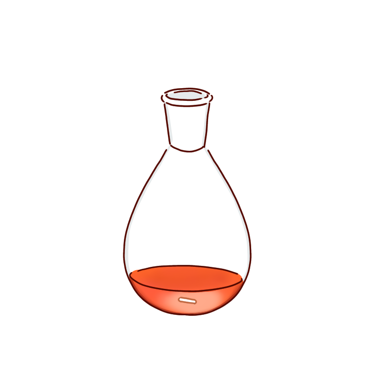 赤い反応液のナスフラスコ
