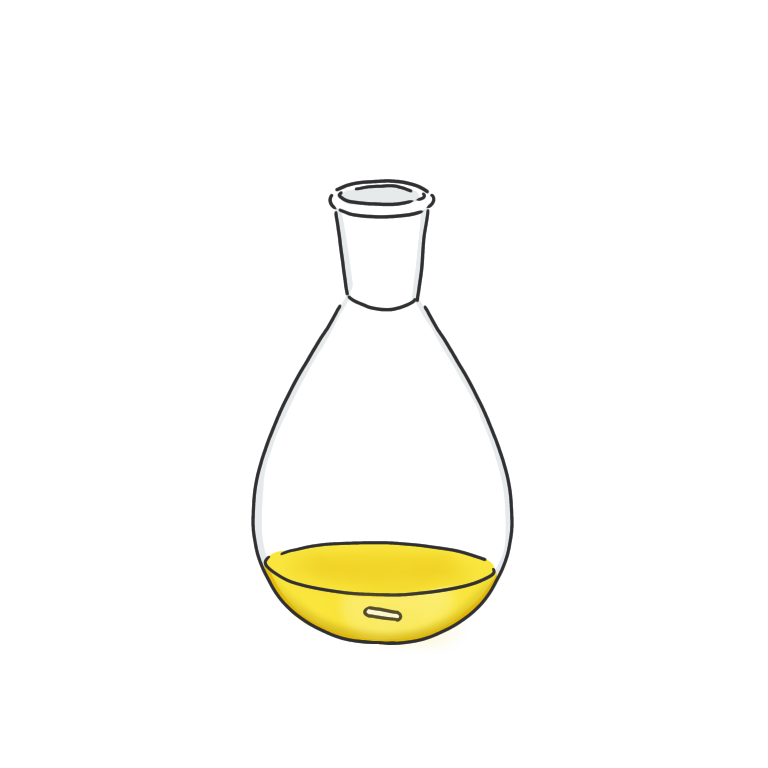 黄色い反応液のナスフラスコ